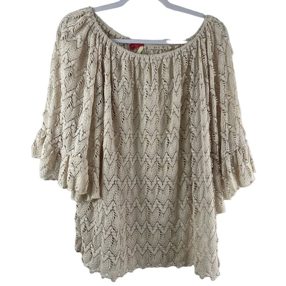 Emma Rose Medium Boho Lace Tan Brown Ruflle Bell Sleeve Top Pullover - Picture 1 of 9